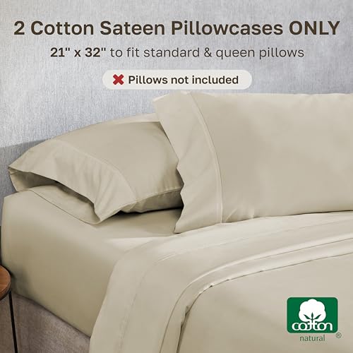 Image of California Design Den Standard /Queen Size Pillowcase Set - 400 Thread Count Pillowcases, 100% Cotton Sateen, Set of 2 Pillow Covers, Soft and Breathable - Beige