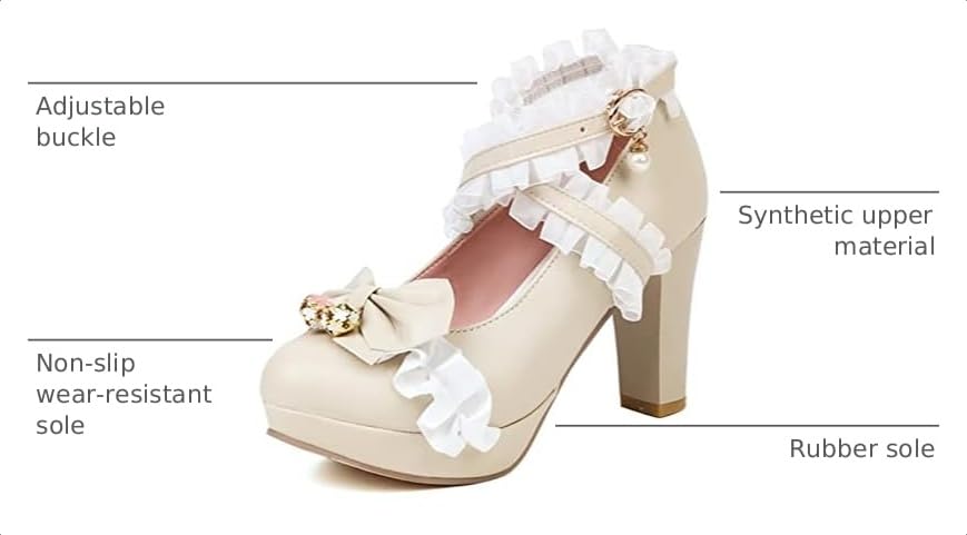 Image of FOREADA Lolita Shoes Platform Mary Jane Heels Kawaii Bow Lace Pearl Pumps | Vintage kawaii lolita styling ideal for dresses, with bead, lace, bow, ankle strap, pink, white and classic black colors