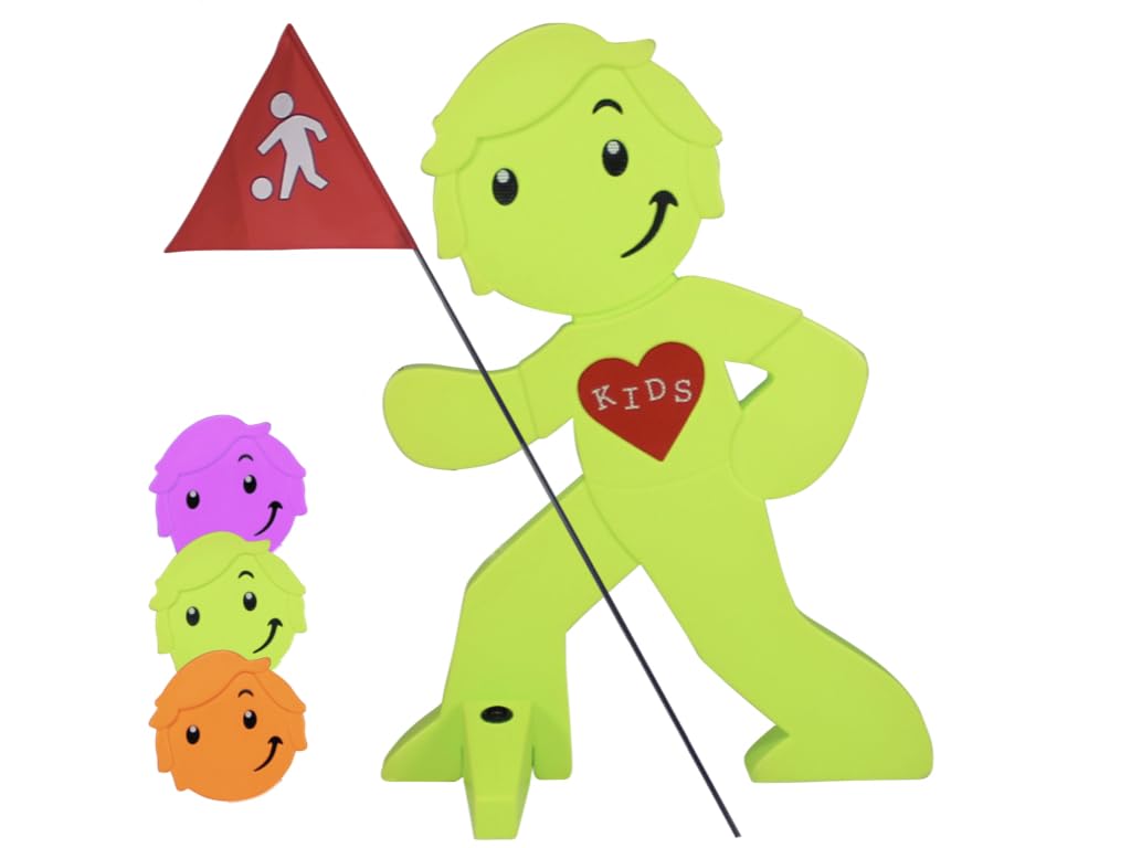 Warnfigur mit Fahne, reflektierender Warnaufsteller für Kindersicherheit - Achtung langsam Fahren - Vorsicht spielende Kinder - Schild Autofahrer Warnung (Grün)
