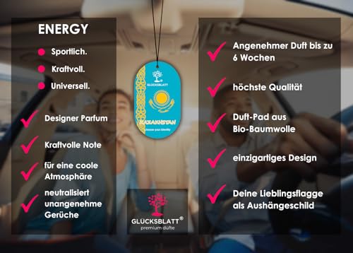 GLÜCKSBLATT Premium Autoparfüm Flagge KASACHSTAN - Luftreiniger - Hängendes Papier - ENERGY - Blau
