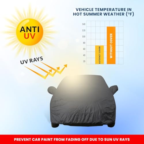 Image of Autofact Car Body Cover for MG Windsor | Triple-Stitched, Windproof with Buckle Belt, Elastic Hem, UV Protection, Scratchproof & Dustproof, Soft Feather-Like Fabric for All-Weather Protection (Grey)