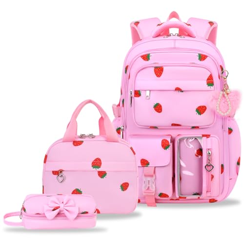 PIKBEAR Girls Backpack Set with Lunch Box & Pencil Case Floral Print Girls School Backpack for Elementary/Middle/High School (Pink-Strawberry)