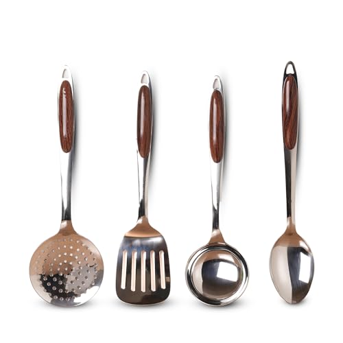Image of The Indus Valley Stainless Steel Ladle /Spoon /Slotted Turner /Skimmer - Set of 4 | Cooking Utensils| Kitchen, Serving Tools | No Harmful Polish