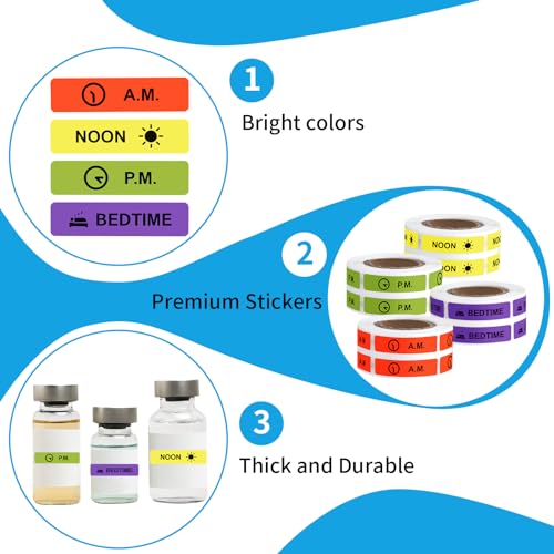 Image of Medicine Stickers Medication Instruction Label Permanent Paper Label AM NOON PM Bedtime for Pill case Planner 0.4 * 1.6inch (500 per Roll 4 Pack)