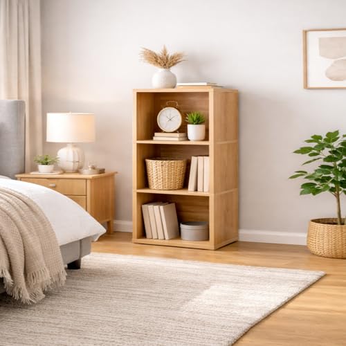 Image of 3 Cube Storage Shelf, 3 Cube Storage Organizer, 3 Tier Bookshelf Small Bookcase, Wooden Book Shelf for Bedroom, Small Bookshelf for Living Room and Office (3 Tier, Natural)