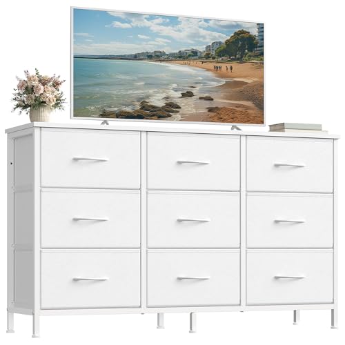 Image of SONGMICS BELLAH Collection - Dresser for Bedroom, TV Stand for TVs Up to 55 Inches, Chest of Drawers for Living Room, Closet, Steel, 9 Drawers, Modern, Cloud White ULGS033WH02S