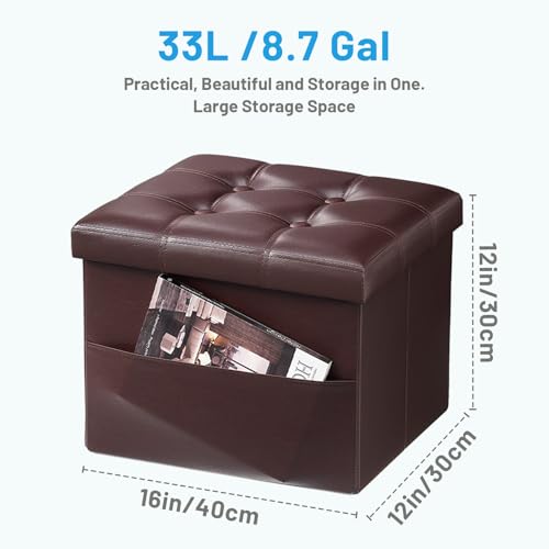 Image of Bsketa Storage Ottoman Bench, 16 inch Folding Leather Foot Rest, Brown 2 Pack | Small Ottoman with Side Pockets, Thicker Foam Padded Seat, Livingroom, Dorm, Bedroom, Easy to install, 38L, 16x12x12in