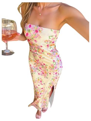 SOLY HUX Women's Summer Floral Tube Maxi Dress Strapless Sleeveless Split Bodycon Long Dresses Sundress