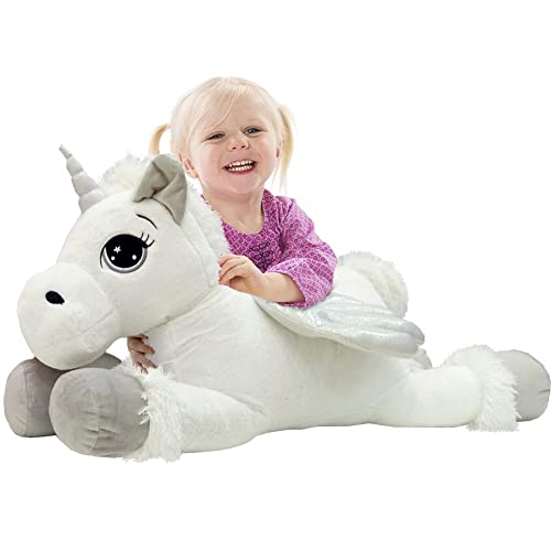 BAKAJI Peluche Unicornio Gigante Extendido XL Longitud 80 cm Suave Muñeco Juguete para Niños Niños Niños Caballo Extra Grande Suave Idea Regalo Decoración Dormitorio (Gris)