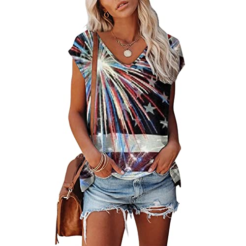STKOOBQ Blusa feminina de verão casual de manga curta com gola baixa e estampa divertida do dia da i