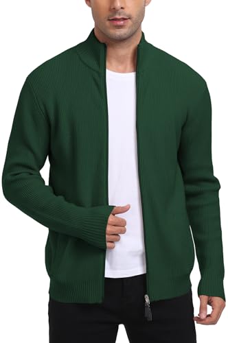 Image of AIYINO Men Cardigan Casual Knitted Sweaters Full Zip Stand Collar Warm Jumper Slim Fit with 2 Pockets XL Green