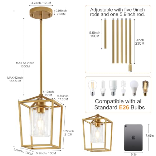 Image of 3 Pack Gold Pendant Lights, Modern Farmhouse Kitchen Pendant Lighting Over Island, Metal Cage Hanging Lights with Clear Glass Shade for Kitchen Island, Dining Room, Entryway, Hallway