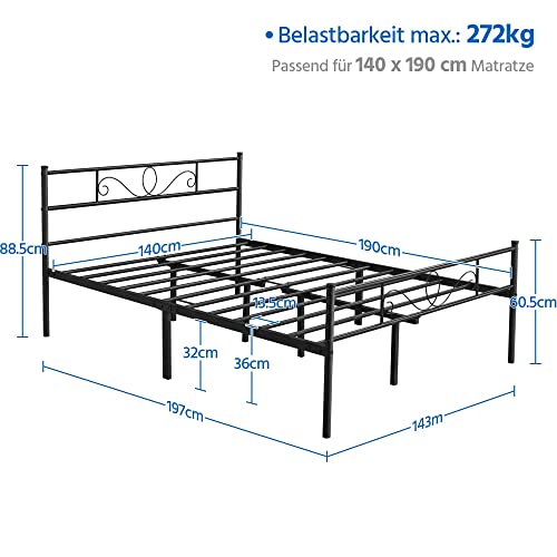 Yaheetech Eenpersoonsbedframe, bedframe, metalen bed, bedframe van metaal, voor matras van 140 x 200 cm, logeerbed, voor kleine ruimtes, zwart - Afbeelding 5