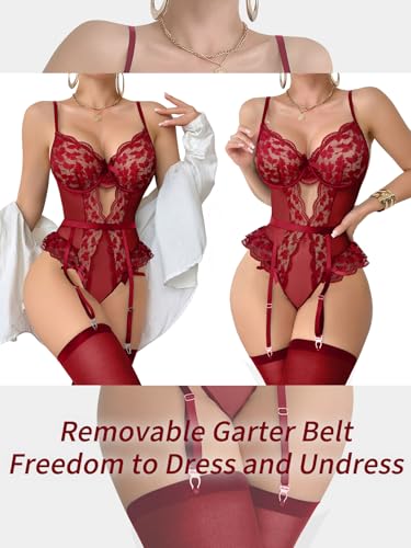 Image of Lilosy Sexy Stocking Lace Mesh Bodysuit Top Underwire Garter Lingerie Set 3 Piece