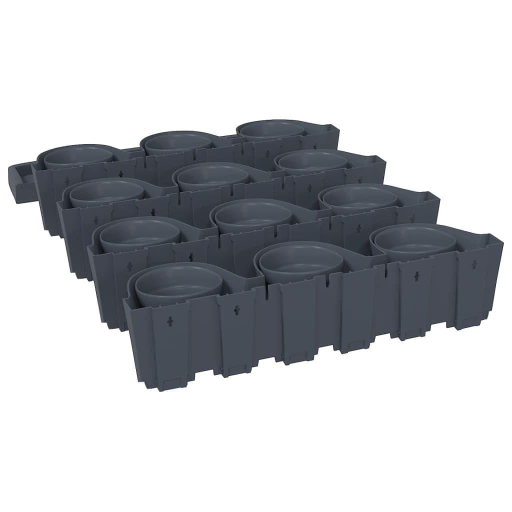 Set di 12 vasi verticali in polipropilene antracite - Vaso da fiori da parete con sistema di irrigazione intelligente - Supporto modulare per erbe, verdure e fiori