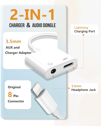 Image of Lightning to 3.5mm Headphone Jack Adapter, Apple MFi Certified 2-in-1 Charger & Audio Dongle for iPhone 14 /13 /12 /11 /XS /XR, Charge & Listen,DAC Chip,Hi-Fi Sound,for Car Aux, Home, Travel (5, White)