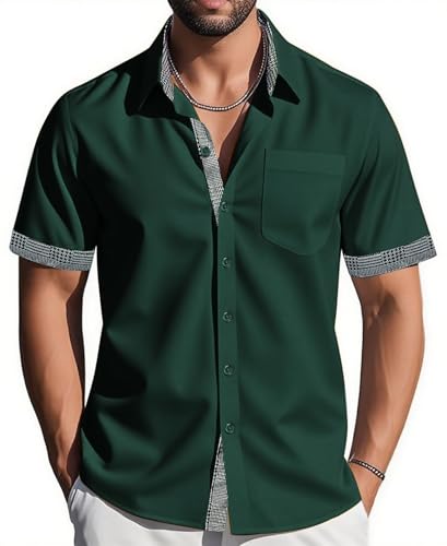 Barry.Wang Men's Short Sleeve Dress Shirts Casual Summer Button Down Business Formal Polyester Shirt Regular Wedding Party