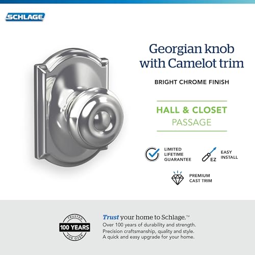 Image of SCHLAGE F10 GEO 625 CAM Camelot Collection Georgian Passage Knob, Bright Chrome