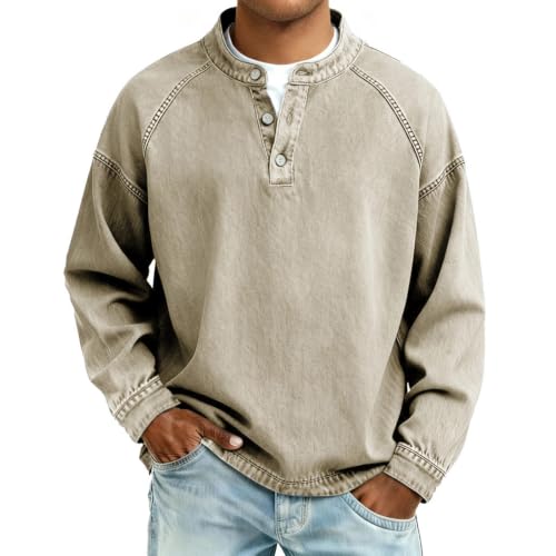 Vintage Washed T Shirt Men Washed Button Henley Henley T Shirts for Men | Retro Classic, Raglan Sleeve, Thermal Warm, No Bloated Feeling, Relaxed Fit, Oversized, Long Sleeve, Fall Winter - image 2