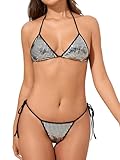 BRUOR Women Sexy Sparky Glitter Sequin Rhinestone Triangle String Micro Bikini Backless Swimsuit Party Bathing Suit Silver