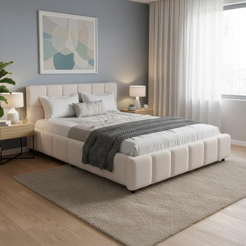 Juskys Polsterbett Florenz 140 x 200 cm – Bouclé, modernes Bett mit Kopf- & Fußteil, stabilem Holz- & Metallrahmen, Lattenrost, 500 kg Tragkraft...