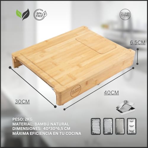 Tabla de cortar de bambú 40x30 cm con bandejas de acero inoxidable integradas 3