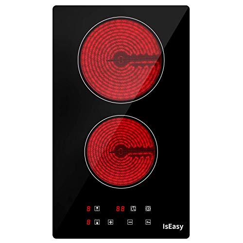 2er-Pack Domino Glaskeramikkochfeld, IsEasy Doppel Glaskeramik Kochfeld, 3000W, 29.5cm, 2 Kochzonen, Stecker, 9 Heizstufen, 1-99Min Timer, Berührungssteuerung