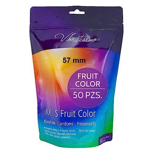VIBRATISSIMO Condones Fruit Color paquete de 50 | sensitivos y extra húmedos | para hombres | bolsa de recerrable | Multicolor | Extrafinos | b=57mm