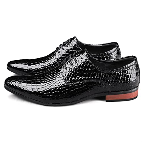 Dress Oxford Shoes for Men Lace Up Crocodile Embossed Derby Shoes Pointed Toe Vegan Leather Non Slip Low Top Anti-Slip Rubber Sole Wedding(Black,10 M US)2