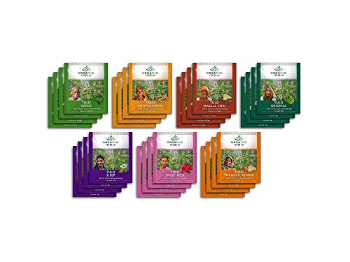 Organic India Top Seven Tulsi Herbal Teas - Ashwagandha, Green, Masala Chai, Original, Sleep, Sweet Rose, Turmeric Ginger - Vegan, Gluten-Free, USDA Certified Organic - 4 Packets Each (28 Total)