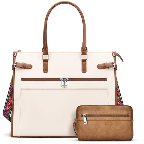 SYTRAH Laptop Tote Bag for Women Designer Faux Leather Briefcase Laptop Purse, 15.6 inch Computer Work Bags Beige Brown with Satchel Purse by SYTRAH - Image 9