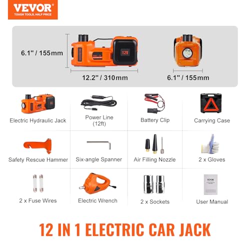 VEVOR Electric Car Jack, 5 Ton/11023 LBS Hydraulic Jack Lift with Electric Impact Wrench, Built-in Inflatable Pump, and LED Light for SUV MPV Sedan Truck Change Tires Garage Repair