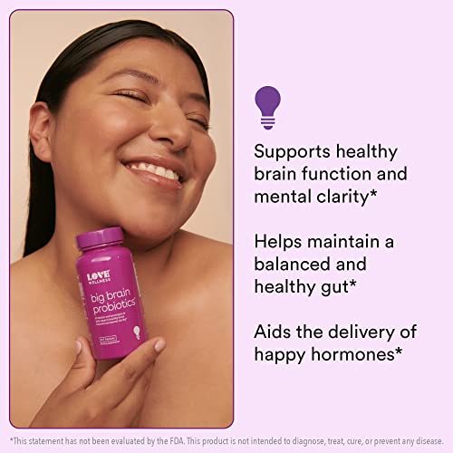 Love Wellness Nootropics Brain Support Supplement, Big Brain Probiotics - Brain Function, Cognitive Health, & Healthy Mood - Reishi & Chaga Mushrooms, Lions Mane - Dairy-Free & Vegan - 30 Servings #TOP1