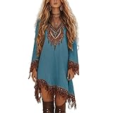 Generisch Westernkleid für Damen, Vintage-Boho-Kleid mit tiefem V-Ausschnitt, Langen Ärmeln, Spitzenbesatz und Fransen (Blue,3XL)