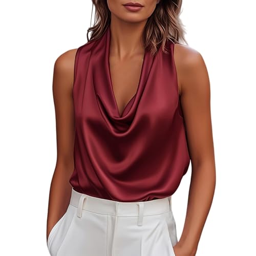 Image of Satin Cowl Neck Tank Tops for Women Silk Halter Going Out Top Sleeveless Shirts Camisole Casual Business Work Blouses Blusas De Mujer Elegantes(Wine, M)