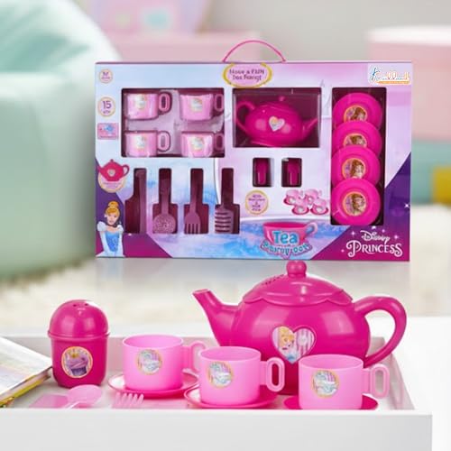 Image of Disney Princess Tea Party Set - 15 Piece Pretend Play Kitchen Toy with Electronic Kettle, Realistic Boiling Sounds & Music - Non-Toxic & Child Safe|Birthday Gift for Kids Ages 3+