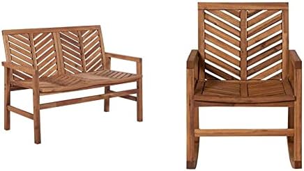Walker Edison Outdoor Patio Wood Chevron Loveseat Chair All Weather Backyard Conversation Garden Poolside Balcony Couch & Outdoor Patio Wood Chevron Rocking Chair, Set of 1, Brown