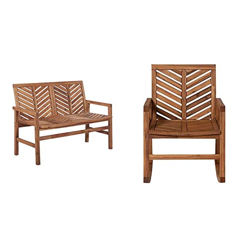 Walker Edison Outdoor Patio Wood Chevron Loveseat Chair All Weather Backyard Conversation Garden Poolside Balcony Couch & Outdoor Patio Wood Chevron Rocking Chair, Set Of 1, Brown #TOP20