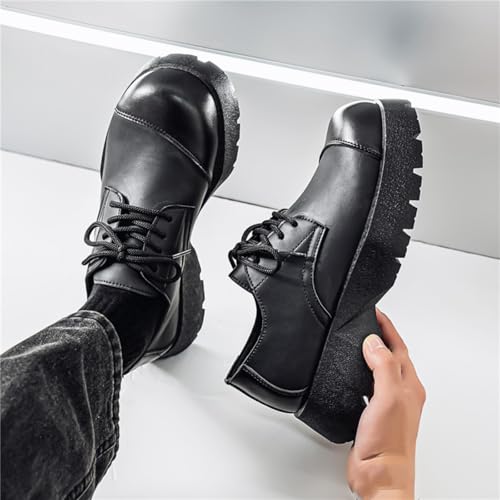 Mens Leather Lace Up Platform Dress Oxford Shoes Casual Mid-Top Chunky Heels Loafers for Formal Business Wedding Walking Black2