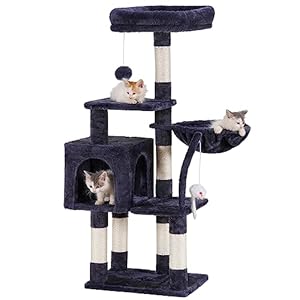 Hey-brother Arbre à Chat, Un Tour de Jeux pour Chats avec Jouets, Une Tour pour Chats intérieure équipée d&rsquo;un perchoir bourré de Peluche et d&rsquo;un hamac Confortable, Gris fumé 0EMPJ004SG-N