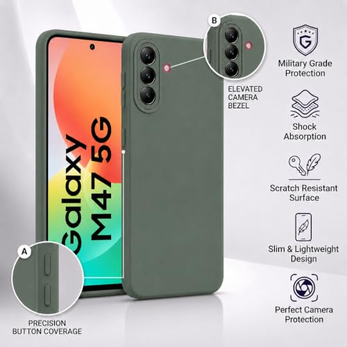 Image of FIRST MART Silicone Back Cover for Samsung Galaxy M47 | Matte Green Anti-Slip Grip Case, Precise Cutouts, Scratch Resistant, Slim Fit | Pack of 1
