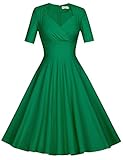 MUXXN Women's 50s Retro Solid Patchwork Pleated Swing Dress (M, Green)