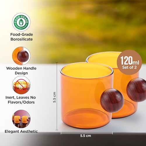 Image of UMAI Borosilicate Glass Coffee Mug with Wooden Handle | Tea Cups Set of 2 (120ml Each) | High Heat Resistance | Microwave and Dishwasher Safe | Ideal Gifts for Friends /Family /Couples (Amber)