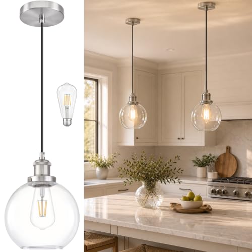 Bagood 8" Glass Pendant Light Clear Globe Pendant Lights Kitchen Island Brushed Nickel Glass Pendant Lights Kitchen Island Globe Pendant Light fixtures Pendant Light Farmhouse(Bulb Incl.)