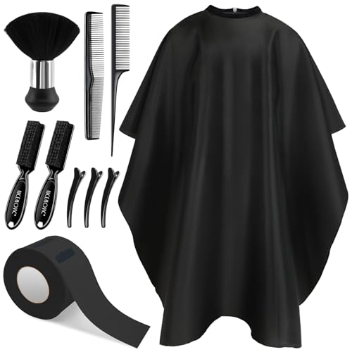 NICEMOVIC 10 in 1 Hair Cutting Barber Cape with Neck Duster Brush Barber Brush Neck Strips Hair Combs Hair Clips, Professional Barber Accessories Cleaning Supplies for Salon Haircut Styling (Black)