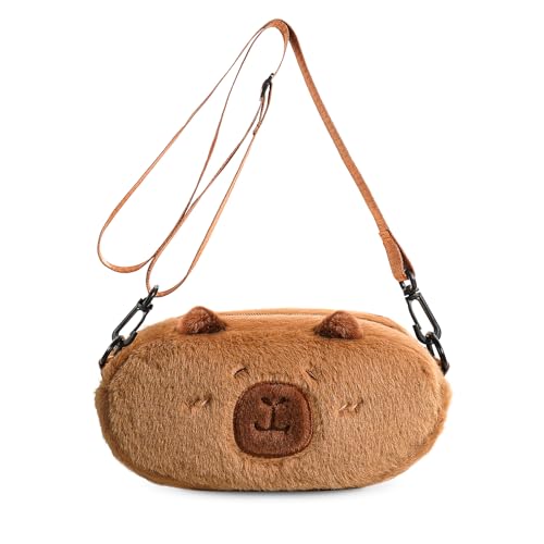 Capybara Crossbody Bag Cute Plush Phone Bag,Small Fluffy Zipper Pouch with Fluffy Adjustable shoulder strap Gifts for Kids Womens