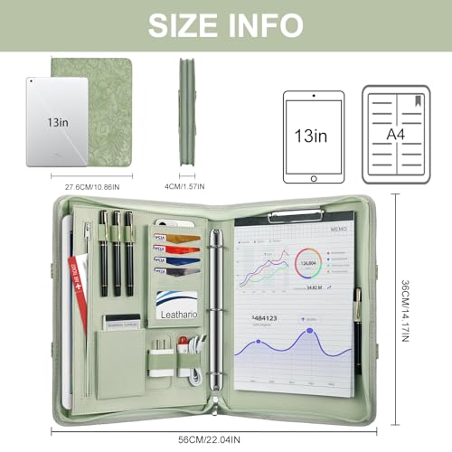 Image of Leathario Portfolio Binder, Includes 5 Folder Index Dividers, 13 Inch Tablets Organizer with Handle, Vegan Leather A4 Padfolio, Multi-Pocket Notepad Business Planner Professional Document