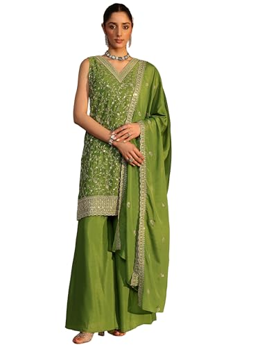 Image of Libas Embroidered Chinon Straight Kurta With Palazzo and Dupatta | ethnic wear | bridal suit | wedding dress | occasion wear