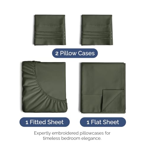 Image of King Size 4 Piece Sheet Set - Ultra Soft & Cooling Sheets - Dark Olive Grey | Fits 8 Inch to 16 inch Mattress, Wrinkle Free & Fade Resistant with Deep Pockets, Breathable, Comfy Hotel Luxury Bedding