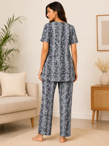 Image of KIAWAH Women Printed Night Suit Set, Cotton Blend Night Suit, A-Line Top and Pajama Set, Soft and Breathable Night Wear